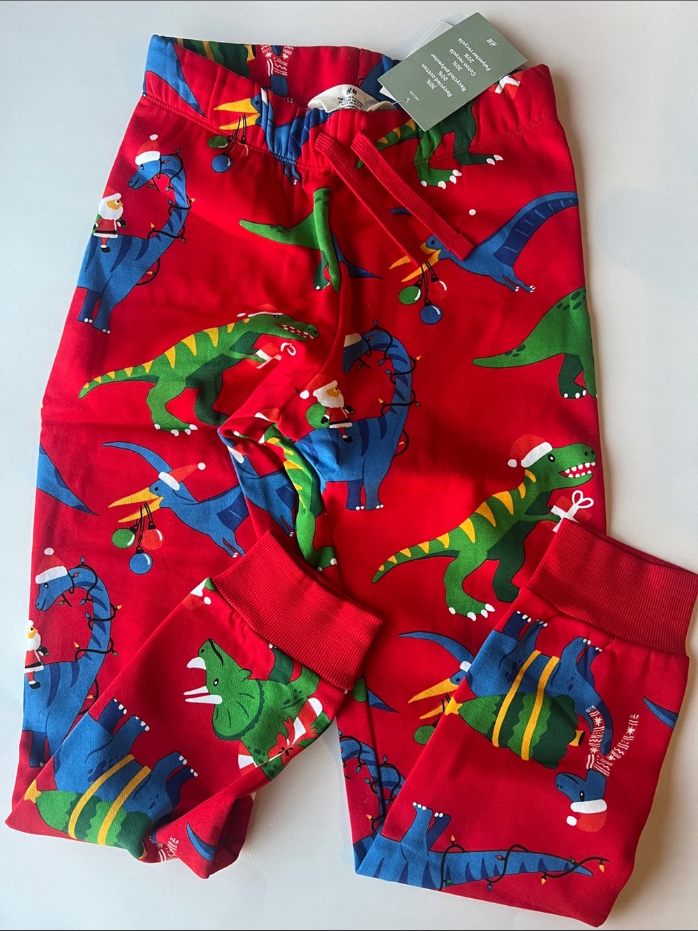H&M Red Kids Pajama Pants with Green and Blue Dinosaur Print